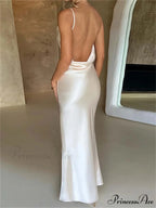 Elegant Women Satin V-neck Low Cut Spaghetti Strap Backless Ruched High Split Party Female Vestidos
