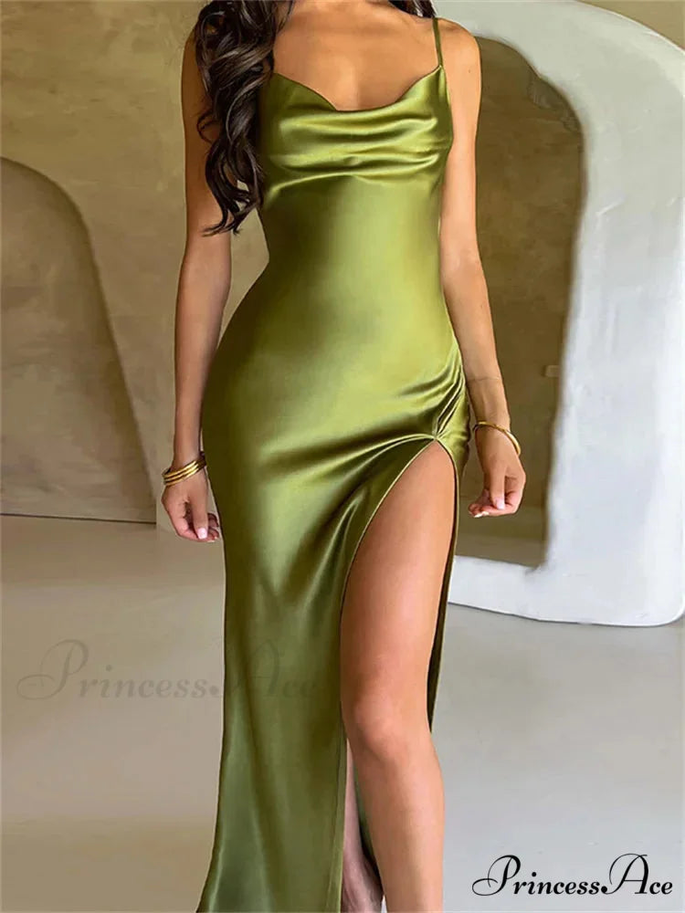 Elegant Women Satin V-neck Low Cut Spaghetti Strap Backless Ruched High Split Party Female Vestidos