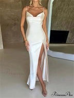 Elegant Women Satin V-neck Low Cut Spaghetti Strap Backless Ruched High Split Party Female Vestidos