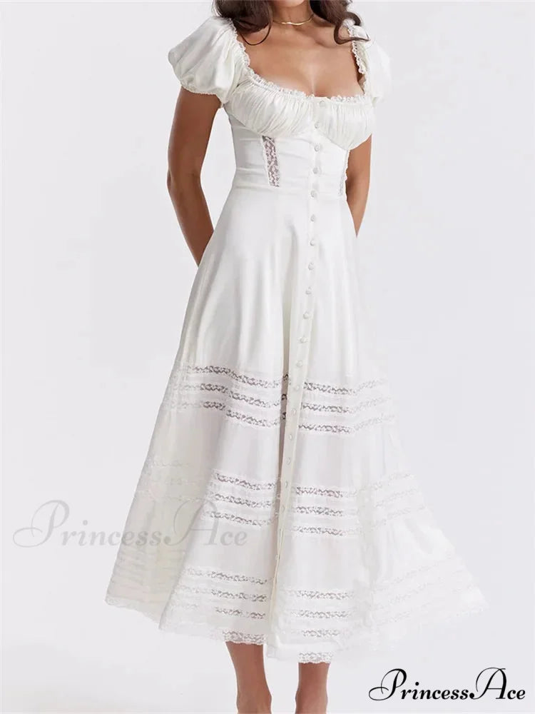 Elegant Women Short Sleeve Front Buttons Up Lace Hollow Out High Waist White OL Summer Vestidos