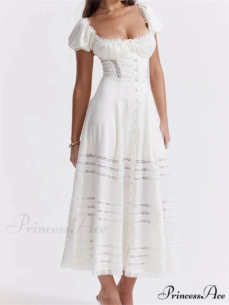 Elegant Women Short Sleeve Front Buttons Up Lace Hollow Out High Waist White OL Summer Vestidos