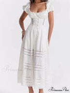 Elegant Women Short Sleeve Front Buttons Up Lace Hollow Out High Waist White OL Summer Vestidos