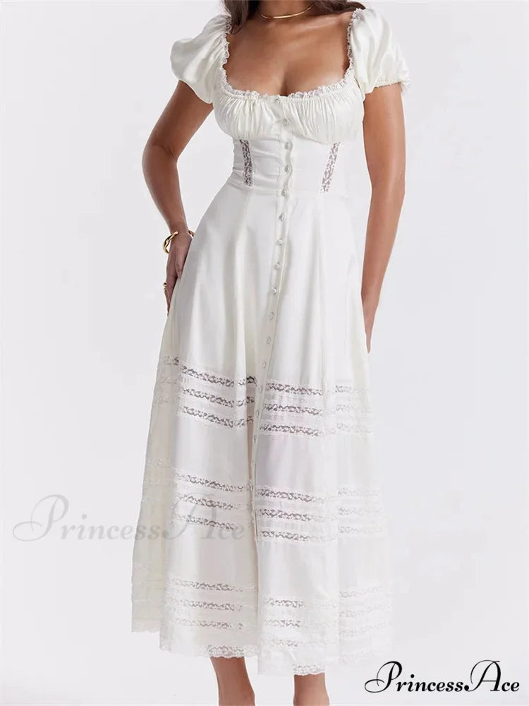 Elegant Women Short Sleeve Front Buttons Up Lace Hollow Out High Waist White OL Summer Vestidos