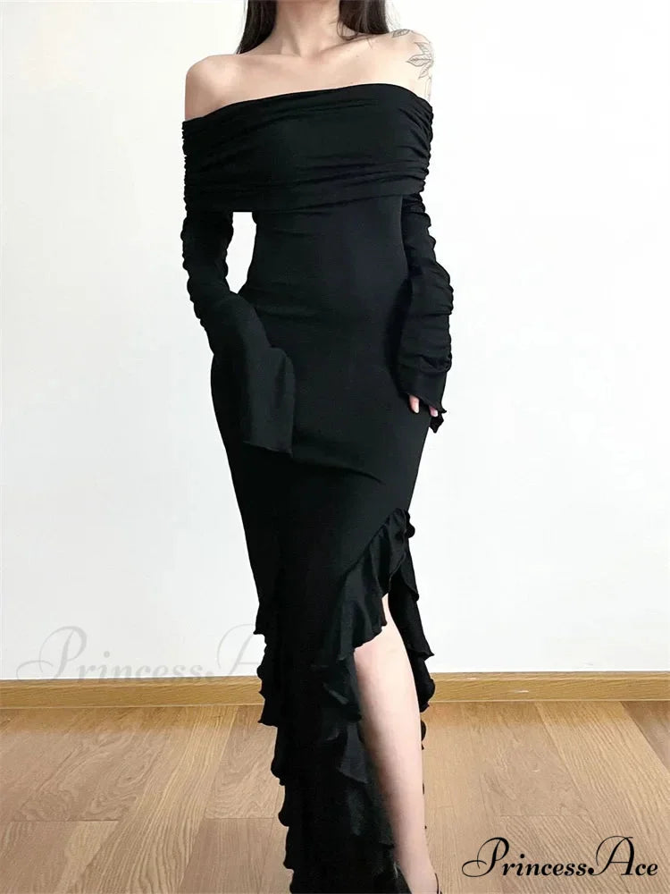 Elegant Women Slash Neck Off Shoulder Flare Sleeve Party Irregular Hem Ruffles Female Vestidos