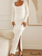 Elegant Women Sleeve Ruched Round Neck Low Cut Side High Split White Party Female Vestidos