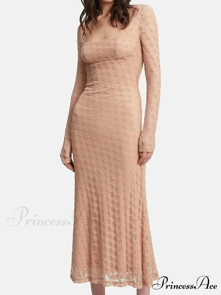 Elegant Women Spring Autumn Party See Through Sleeve Square Neck Lace Floral Slim Fit Vestidos