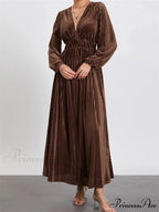 Elegant Women Spring Fall Velvet Sleeve Deep V Neck Solid Color A-Line Vintage Female Vestidos
