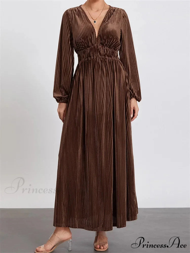 Elegant Women Spring Fall Velvet Sleeve Deep V Neck Solid Color A-Line Vintage Female Vestidos