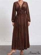 Elegant Women Spring Fall Velvet Sleeve Deep V Neck Solid Color A-Line Vintage Female Vestidos