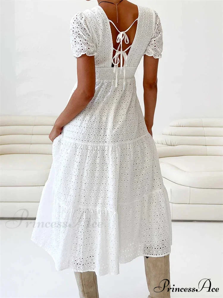 Elegant Women Summer Short Sleeve A-Line Solid V-neck Lace Floral Backless Tie-up Party Vestido