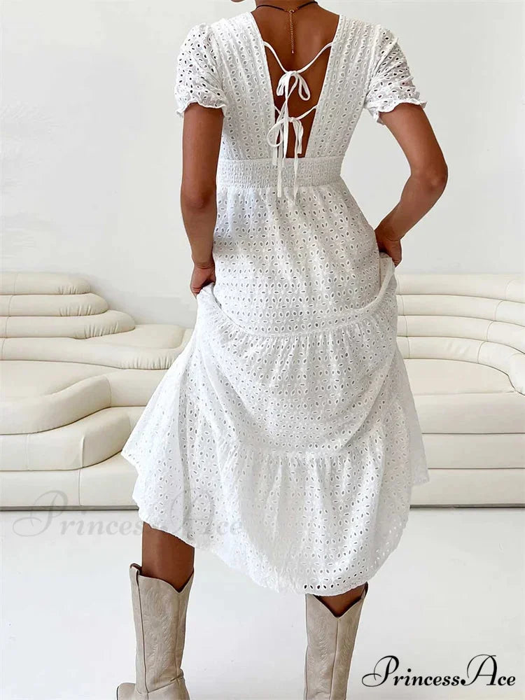 Elegant Women Summer Short Sleeve A-Line Solid V-neck Lace Floral Backless Tie-up Party Vestido