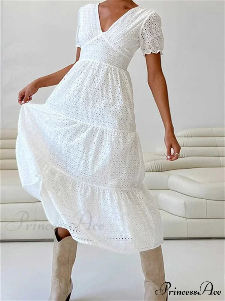 Elegant Women Summer Short Sleeve A-Line Solid V-neck Lace Floral Backless Tie-up Party Vestido