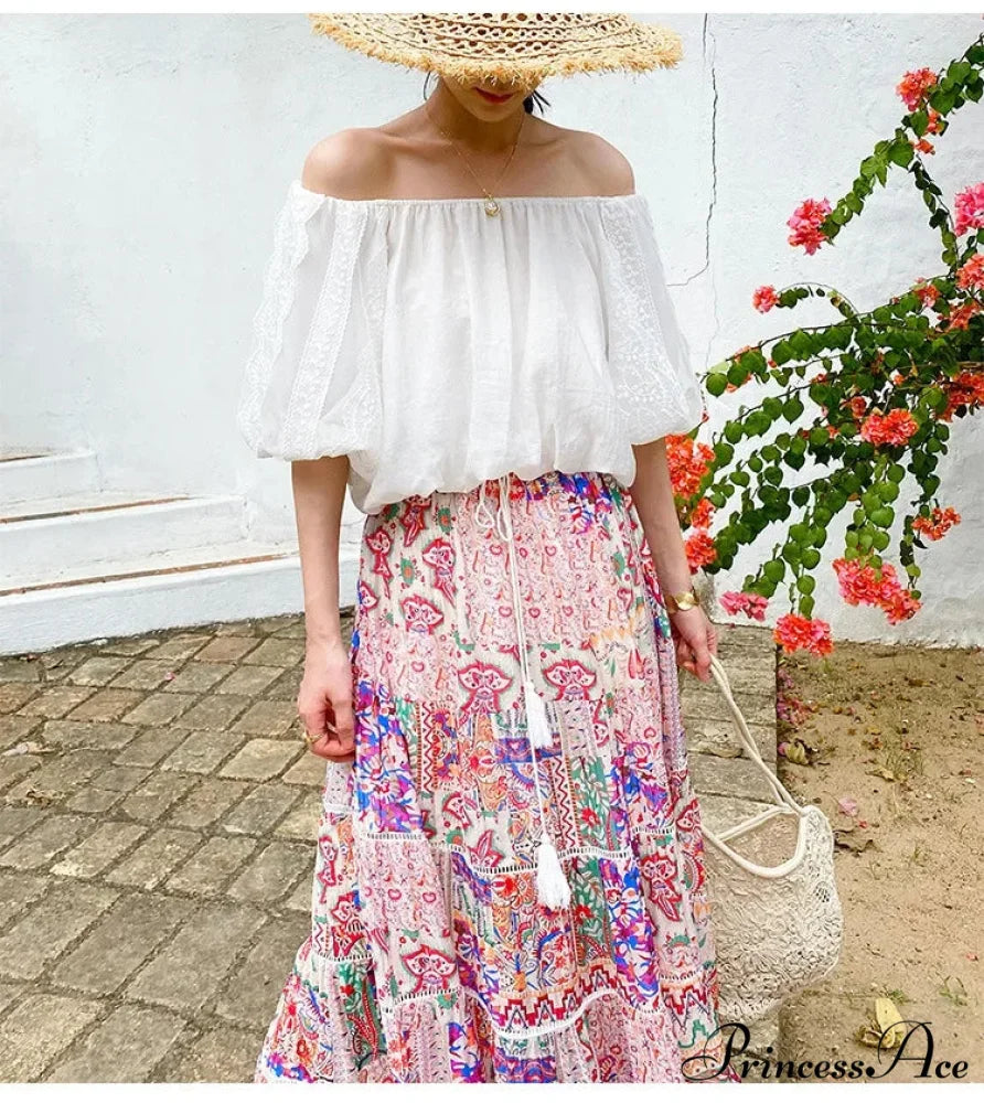 Elevated Waist Blossom Shore Skirt Lace Patchwork Stylish Cotton Maxi