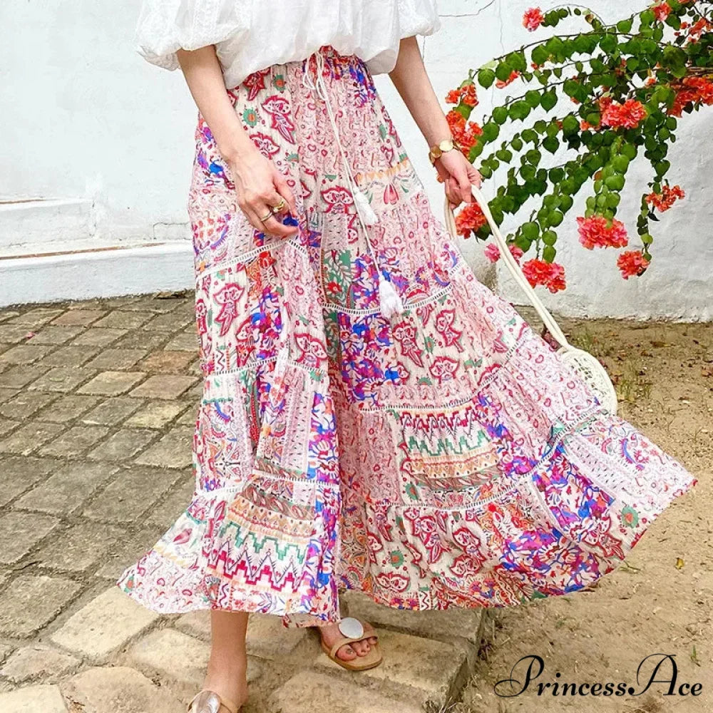 Elevated Waist Blossom Shore Skirt Lace Patchwork Stylish Cotton Maxi