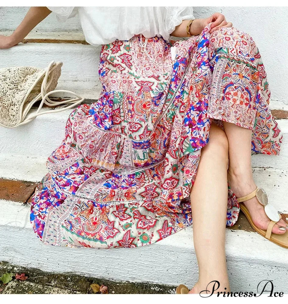 Elevated Waist Blossom Shore Skirt Lace Patchwork Stylish Cotton Maxi