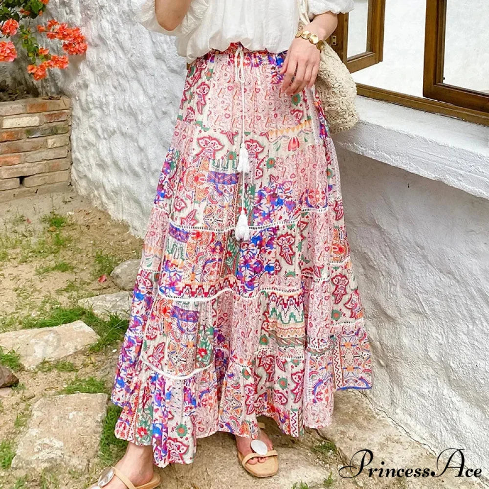 Elevated Waist Blossom Shore Skirt Lace Patchwork Stylish Cotton Maxi
