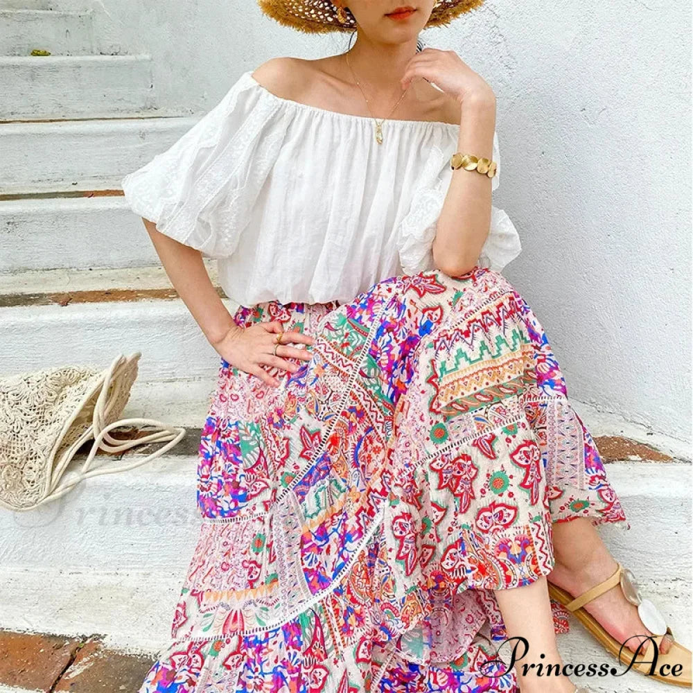 Elevated Waist Blossom Shore Skirt Lace Patchwork Stylish Cotton Maxi