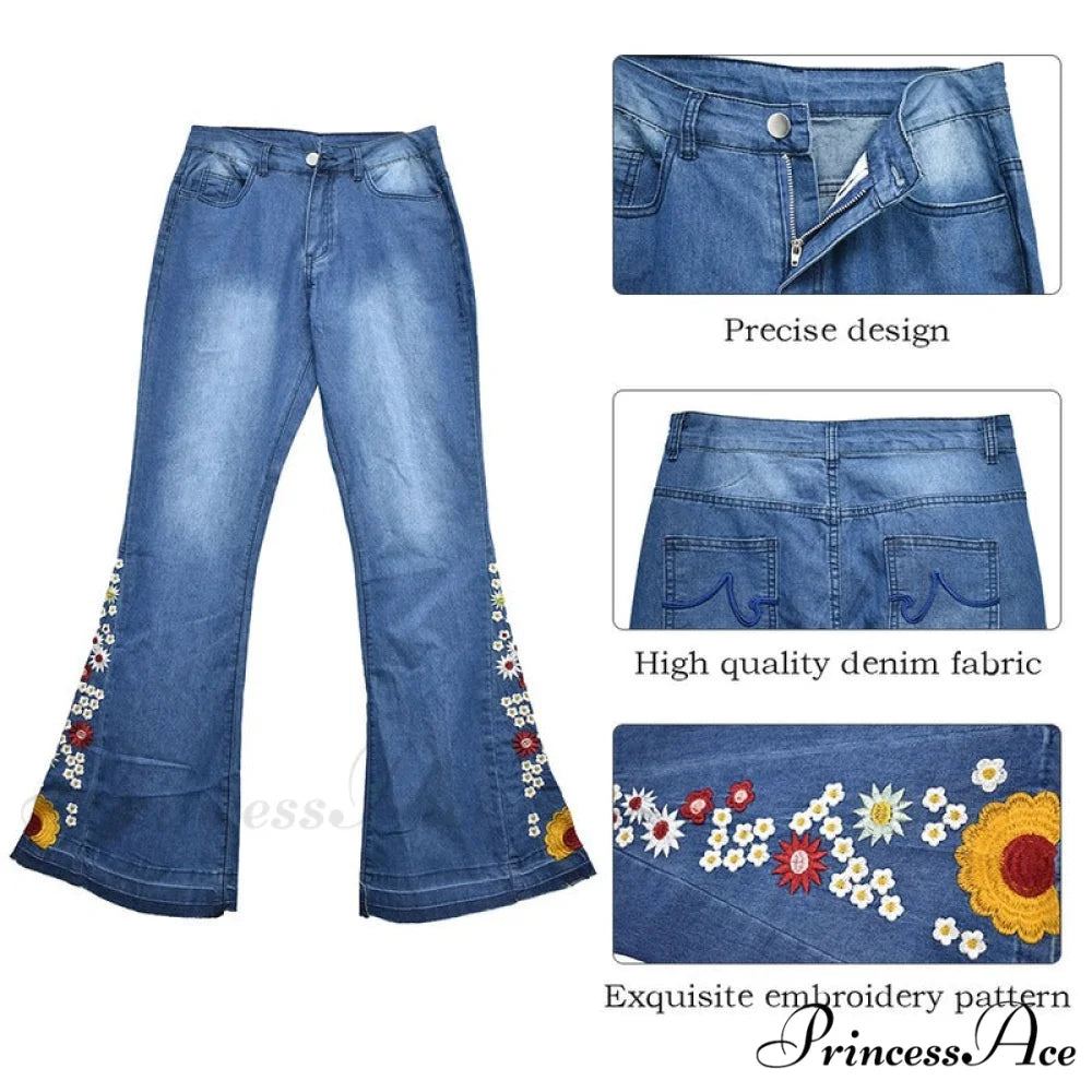 Embroidered Denim Bell Bottom Pants