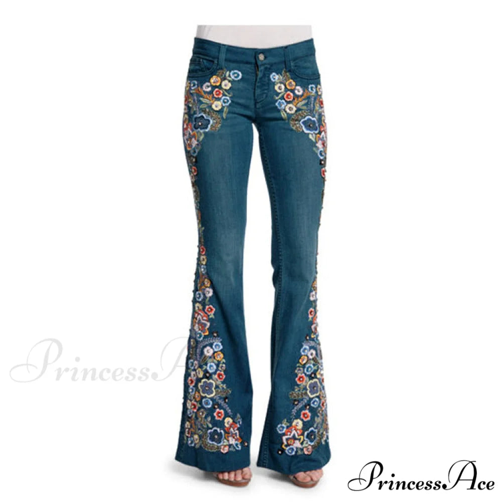 Embroidered Denim Bell Bottom Pants