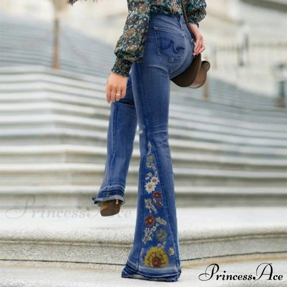 Embroidered Denim Bell Bottom Pants