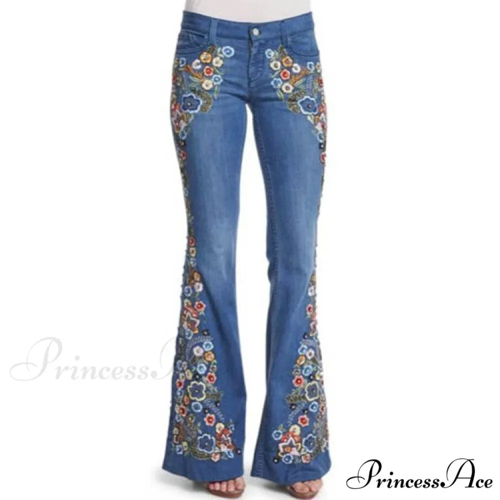 Embroidered Denim Bell Bottom Pants