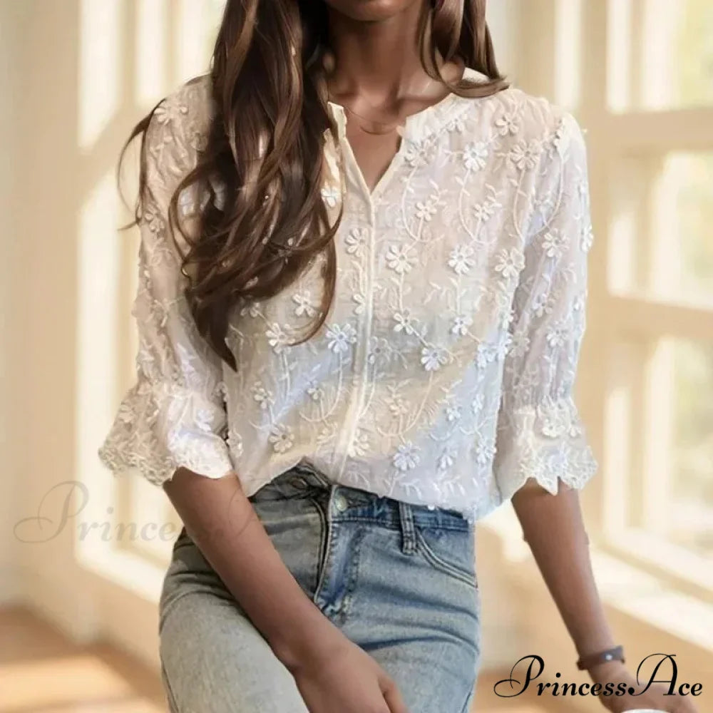 Embroidered Floral Short Sleeve Informal White Blouse