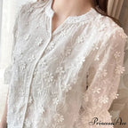 Embroidered Floral Short Sleeve Informal White Blouse