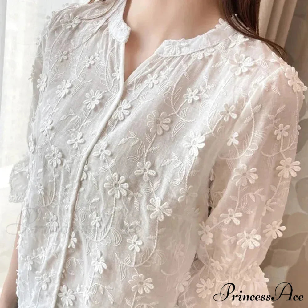 Embroidered Floral Short Sleeve Informal White Blouse