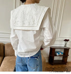 Embroidered Flower Neck Long Sleeve Cotton Boho Top