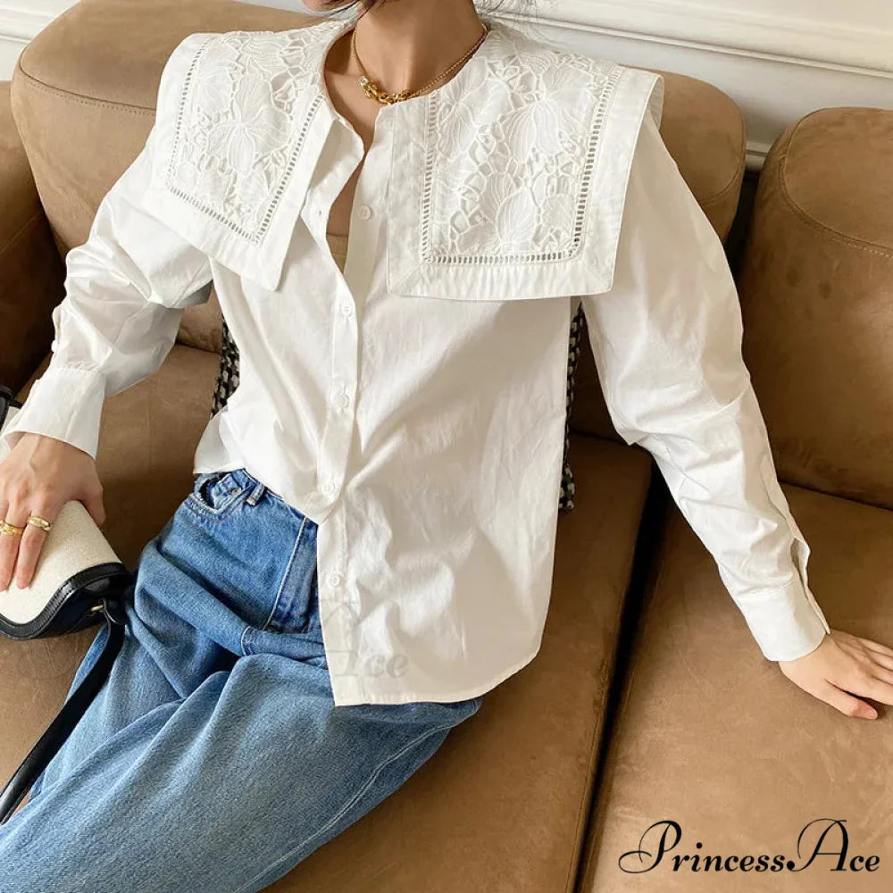 Embroidered Flower Neck Long Sleeve Cotton Boho Top