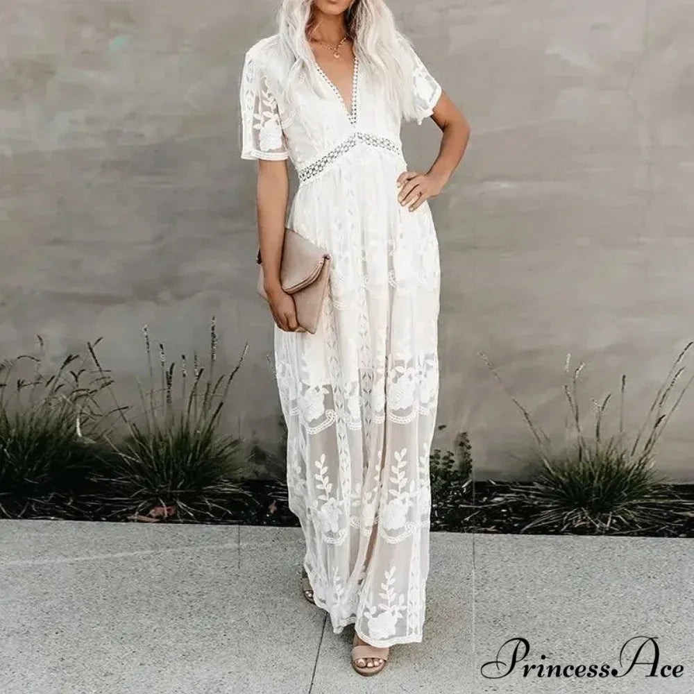 Embroidered Patchwork Long Sleeve Ivory Bohemian Dress