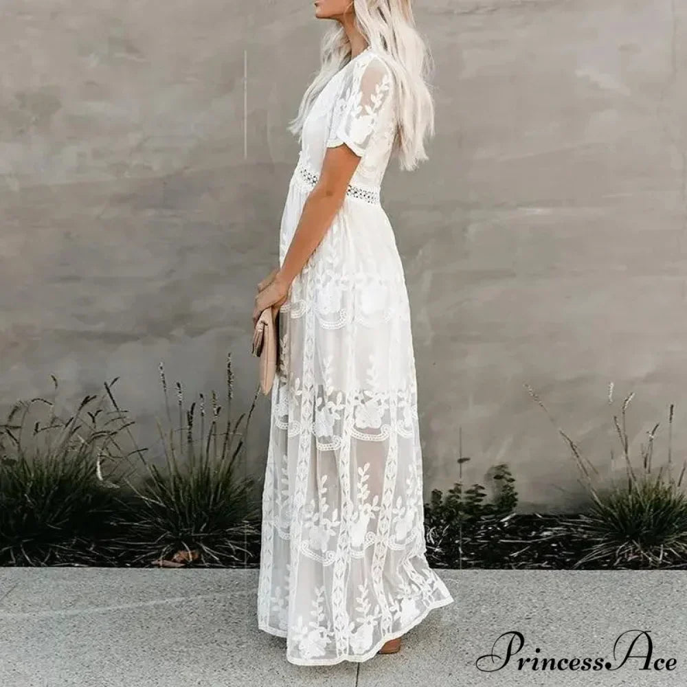 Embroidered Patchwork Long Sleeve Ivory Bohemian Dress