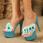 EmbroideredFashionable Open-Toe Super-High Sexy Party Stripper Platform Slipper Elegant High Heel