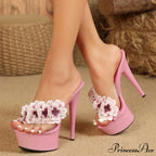 EmbroideredFashionable Open-Toe Super-High Sexy Party Stripper Platform Slipper Elegant High Heel