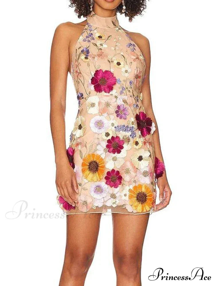 Embroidery Flower Bodycon Summer Sleeveless Backless Mini SlimVestidos De Mujer Floral Dress