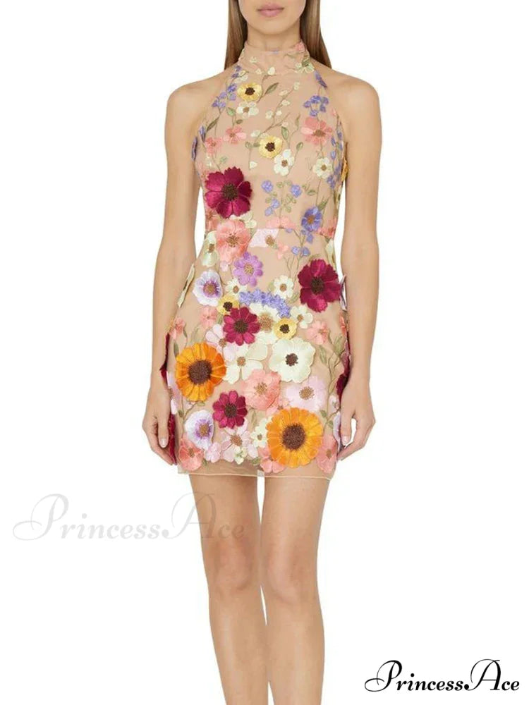 Embroidery Flower Bodycon Summer Sleeveless Backless Mini SlimVestidos De Mujer Floral Dress
