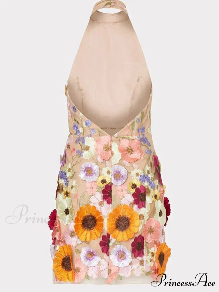 Embroidery Flower Bodycon Summer Sleeveless Backless Mini SlimVestidos De Mujer Floral Dress