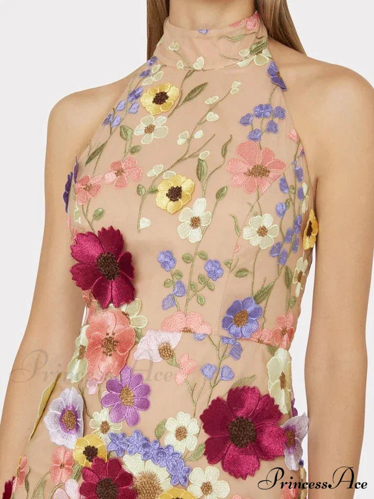 Embroidery Flower Bodycon Summer Sleeveless Backless Mini SlimVestidos De Mujer Floral Dress
