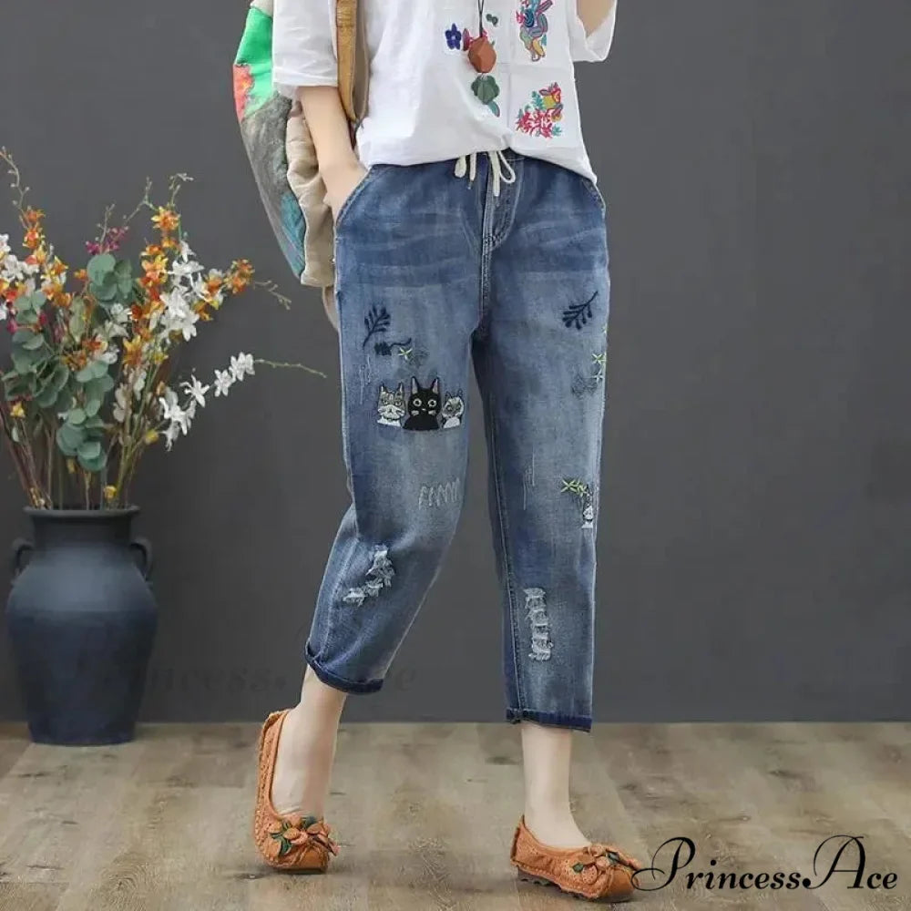 Embroidery Ripped Korean Capris Pants