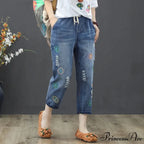 Embroidery Ripped Korean Capris Pants