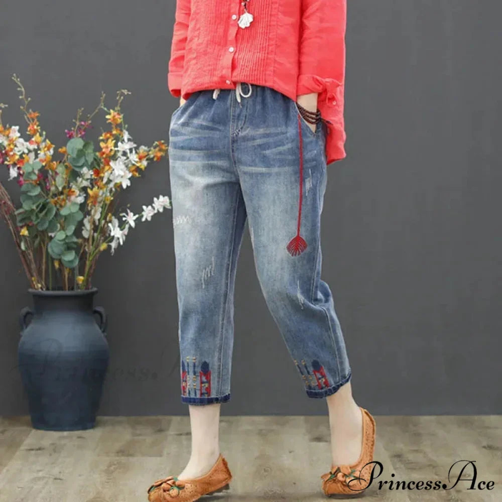Embroidery Ripped Korean Capris Pants