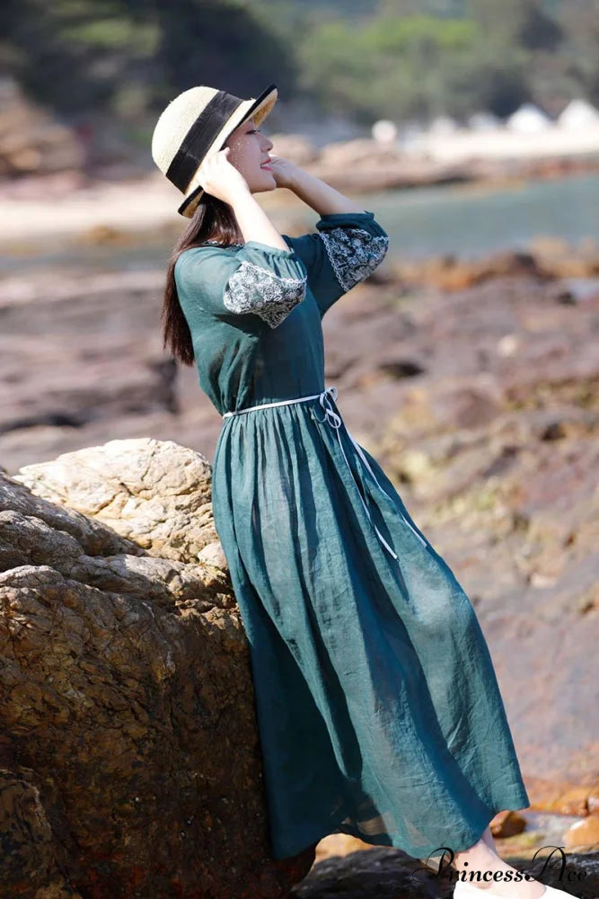 Emerald Embroidered Ramie Dress