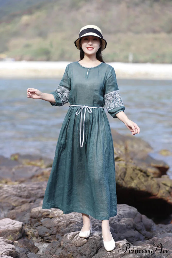 Emerald Embroidered Ramie Dress