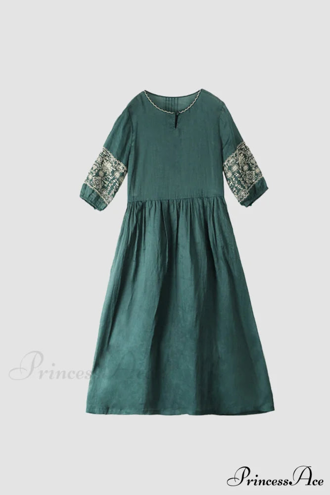Emerald Embroidered Ramie Dress