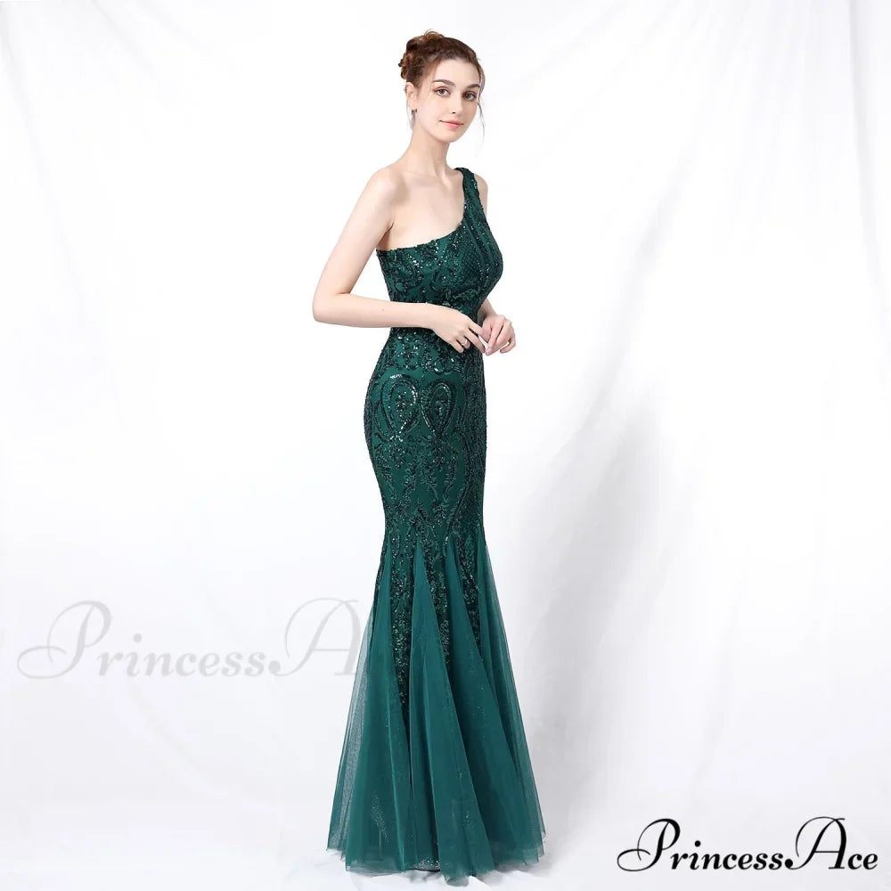 Emily formal one-shoulder Charming sequined mesh fishtail dress