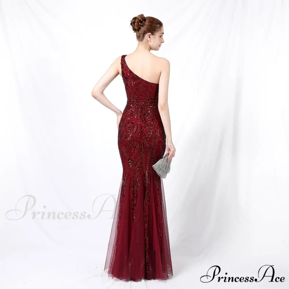 Emily formal one-shoulder Charming sequined mesh fishtail dress