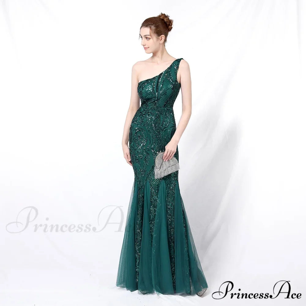 Emily formal one-shoulder Charming sequined mesh fishtail dress