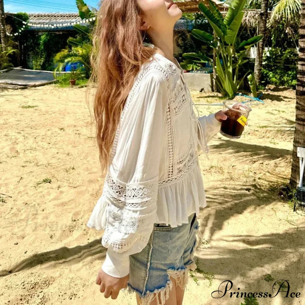 Empty Lace Ethnic Extended Sleeve Frills Boho Blouse