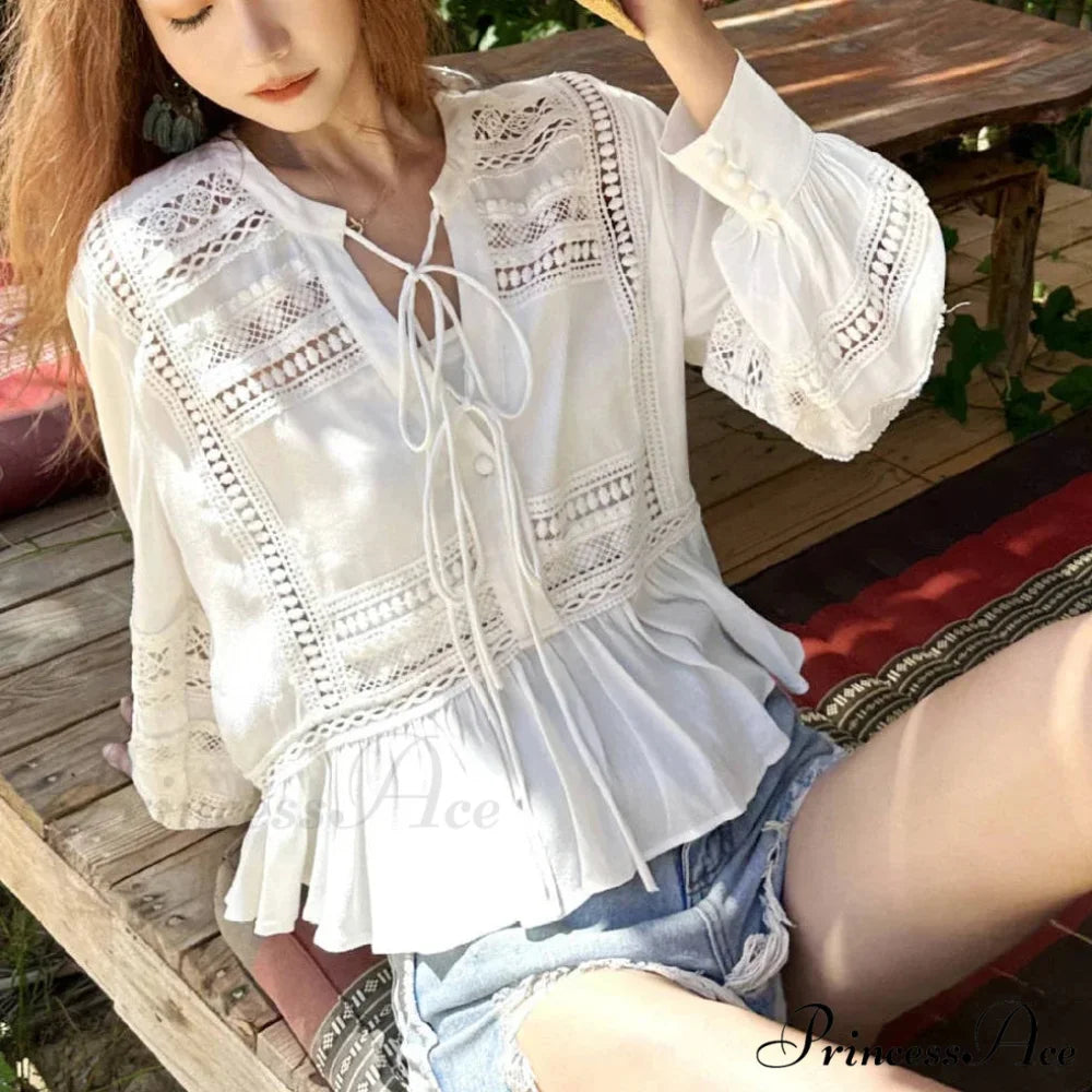Empty Lace Ethnic Extended Sleeve Frills Boho Blouse