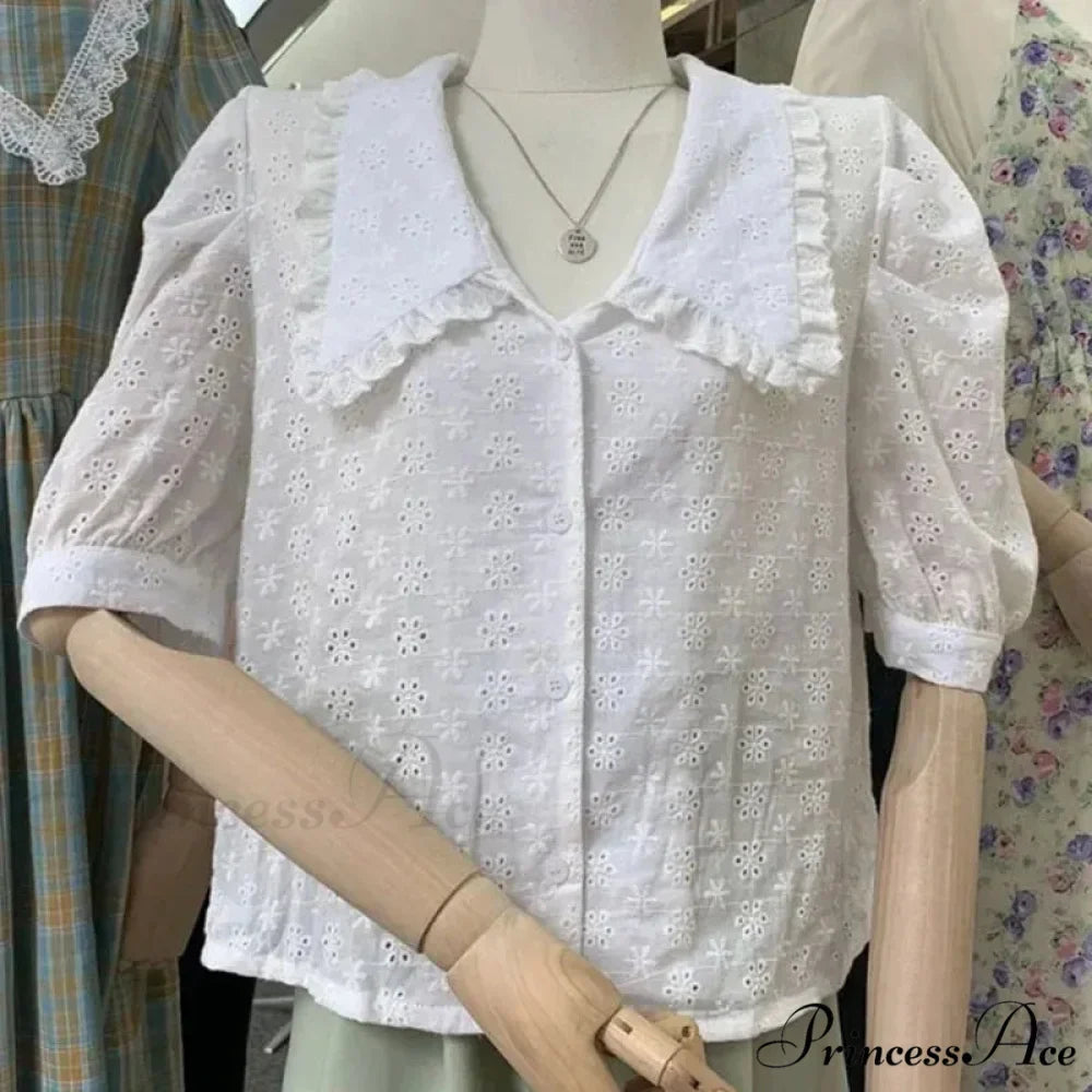 Empty Lace Puff Sleeve Peter Pan Collar Blouse